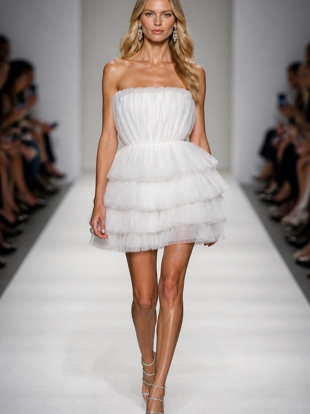 Strapless White Tiered Tulle Mini Dress